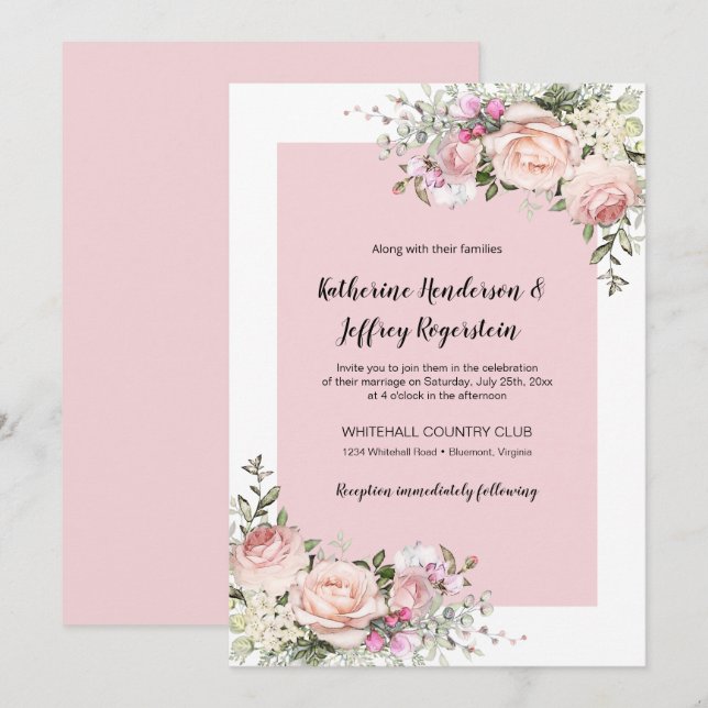 Invitation Mariage Rose couleur rose et crème (Devant / Derrière)