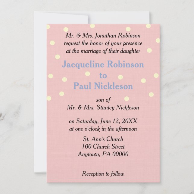 Invitation Mariage Rose Crème Points Bleus (Devant)