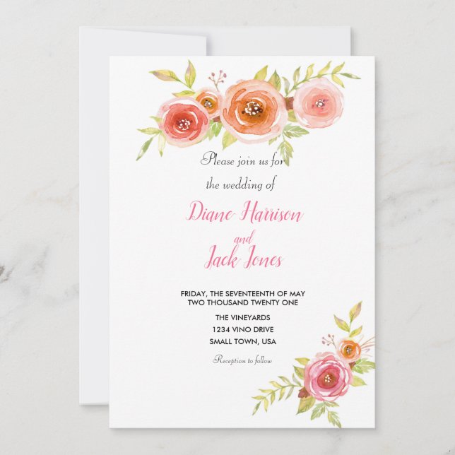 Invitation Mariage rose d'aquarelle (Devant)