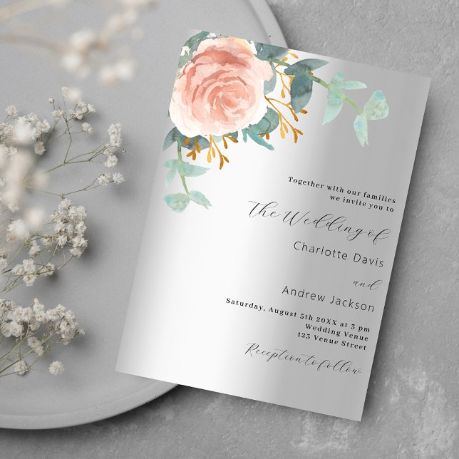 Invitation Mariage rose d'argent or fleuri de luxe (Créateur téléchargé)