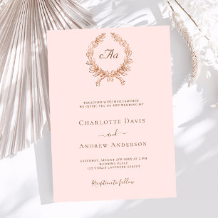 Invitation mariage rose de couronne d'or monogramme