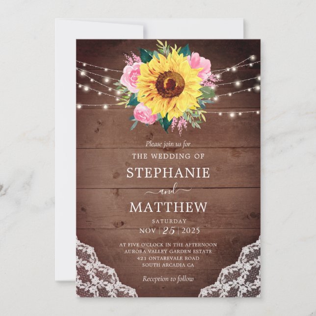 Invitation Mariage rose de dentelle de tournesol rustique (Devant)