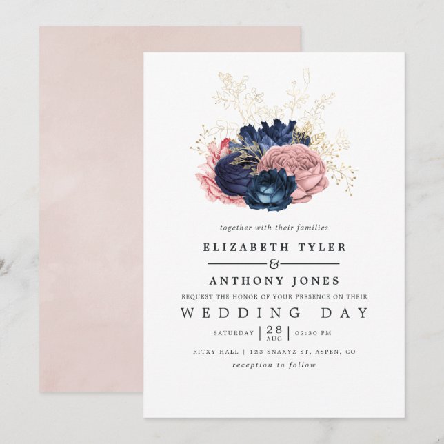 Invitation Mariage Rose de la marine et de Blush (Devant / Derrière)