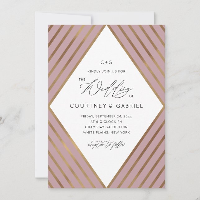 Invitation Mariage Rose Diamond Dusty moderne Gold Stripes (Devant)