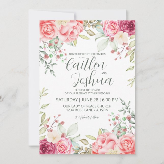 Invitation Mariage rose Dusty Rose de verdure (Devant)