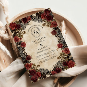 Invitation Mariage Rose en dentelle noire et rouge foncé