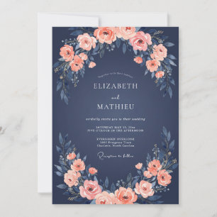 Invitation Mariage Rose Envoûtante Bleu Marine