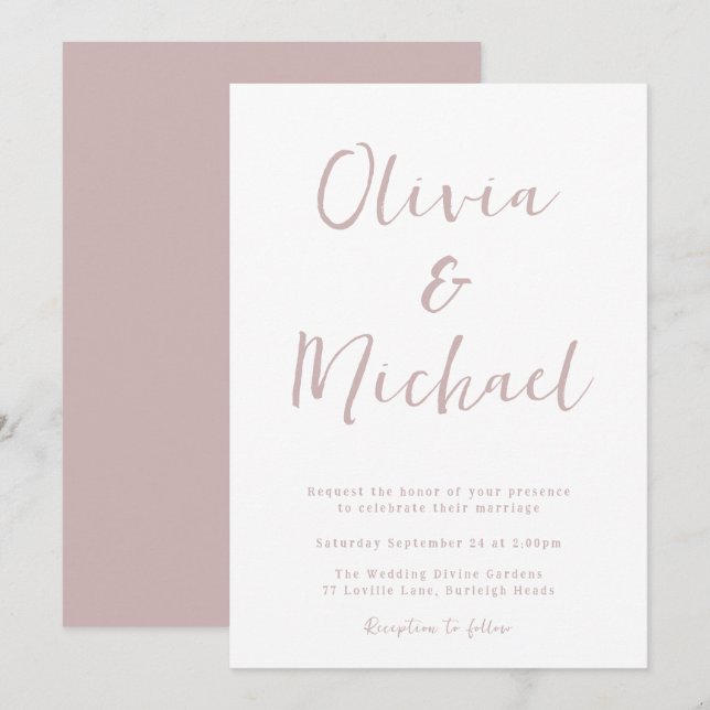 Invitation Mariage rose et blanc Dusty moderne (Devant / Derrière)