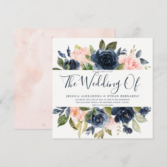 Invitation Mariage rose et bleu marine Aquarelle (Devant / Derrière)