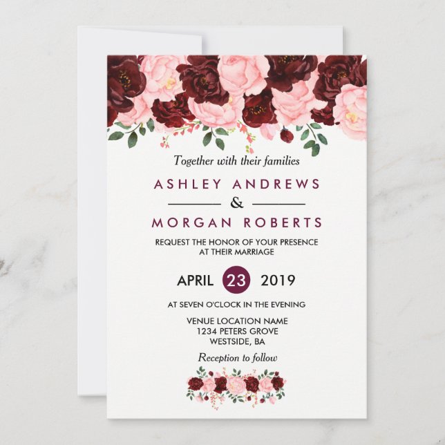Invitation Mariage rose et bordeaux d'aquarelle florale Invit (Devant)