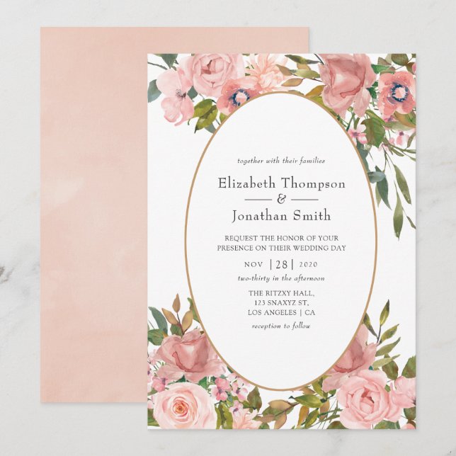 Invitation Mariage rose et or Rose (Devant / Derrière)