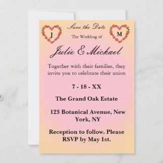 Invitation Mariage rose et orange Couronne de Fleurs en coeur