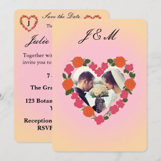 Invitation mariage rose et orange couronne de fleurs en coeur