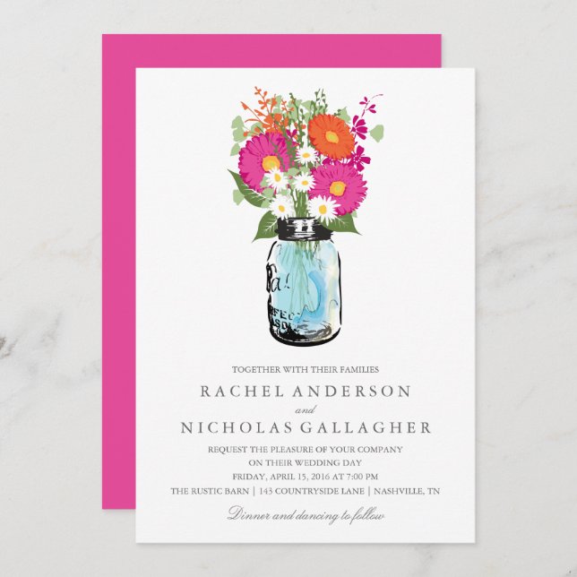 Invitation Mariage rose et orange de pot de maçon de (Devant / Derrière)