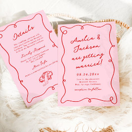Invitation Mariage rose et rouge à main blanche + détails