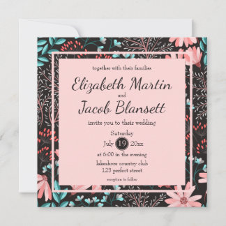 Invitation Mariage rose et Turquoise à motifs floraux foncés