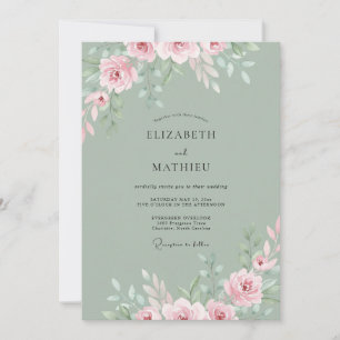 Invitation Mariage Rose Éthérée Vert Sauge