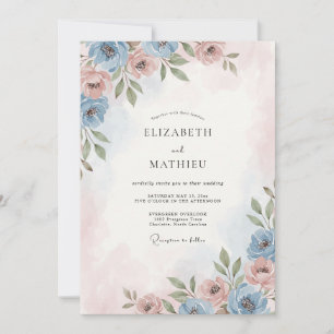 Invitation Mariage Rose Fardée Bleu Ciel Doré