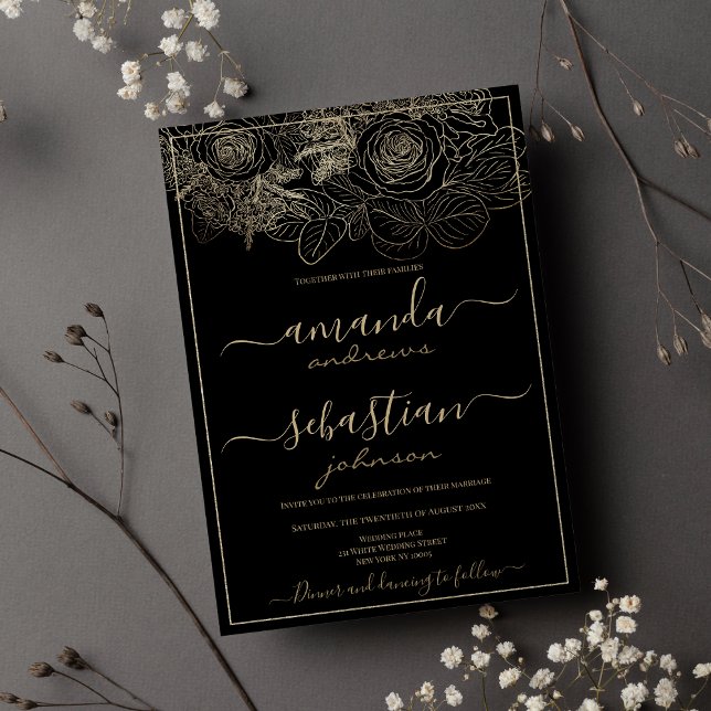 Invitation Mariage rose floral noir et or classique (Classy black and gold roses floral wedding invitation)