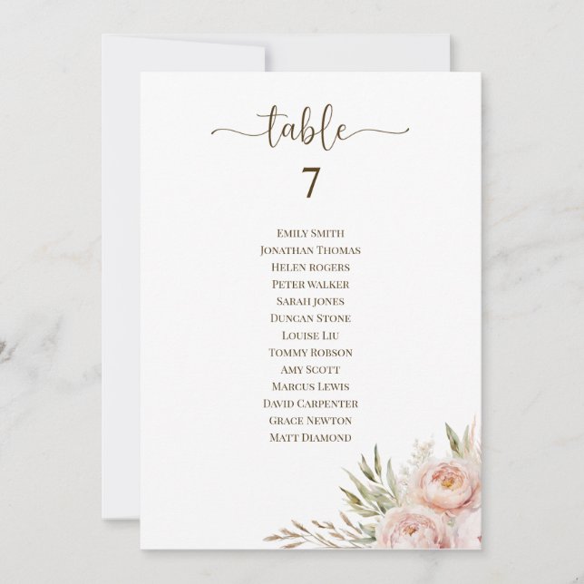 Invitation Mariage rose floral Numéro de tableau Tableau de s (Devant)
