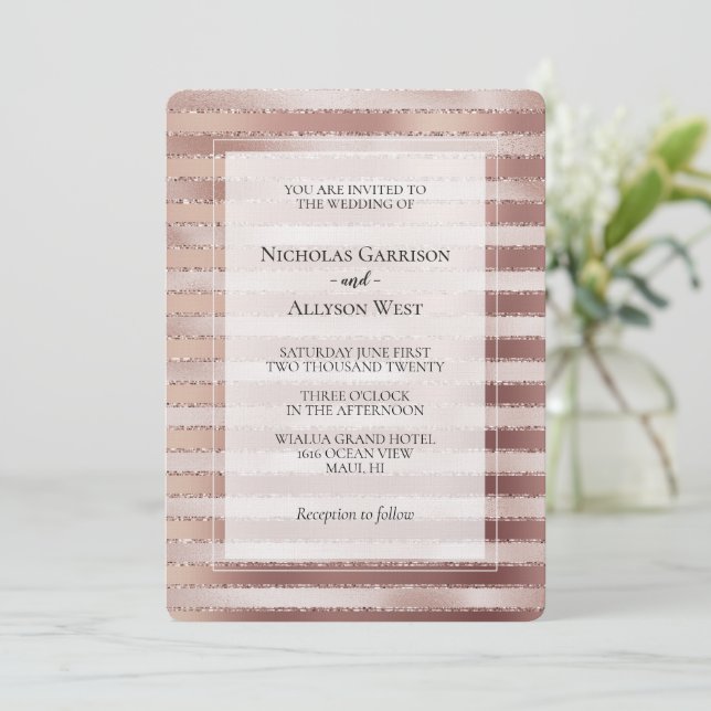 Invitation Mariage rose Gold Blush Pink Stripes Glitz (Debout devant)