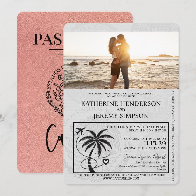 Invitation Mariage rose Gold Cancun Passport (Devant / Derrière)