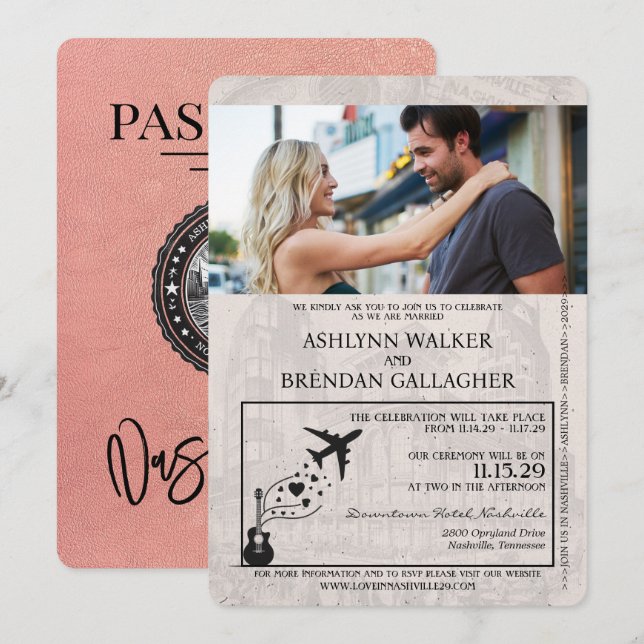 Invitation Mariage rose Gold Nashville Passport (Devant / Derrière)