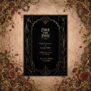 Invitation Mariage Rose Gothique Art Déco Skyline 