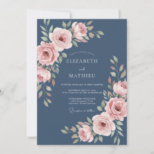 Invitation Mariage Rose Gracieuse Bleu Acier