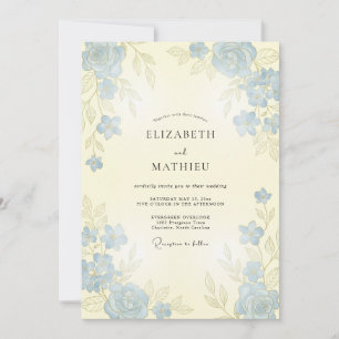 Invitation Mariage Rose Gracieuse Bleu Poussiéreux