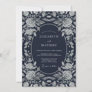Invitation Mariage Rose Gravure sur Bois Bleu Marine