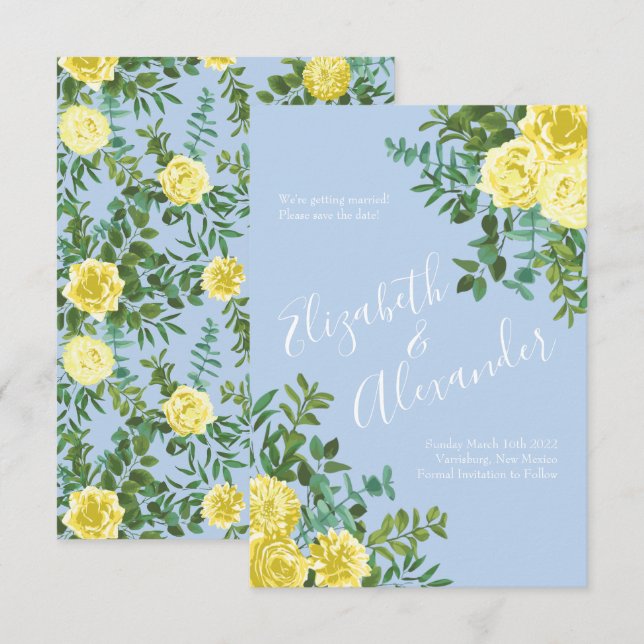Invitation Mariage Rose jaune clair et bleu pâle Date de sauv (Devant / Derrière)