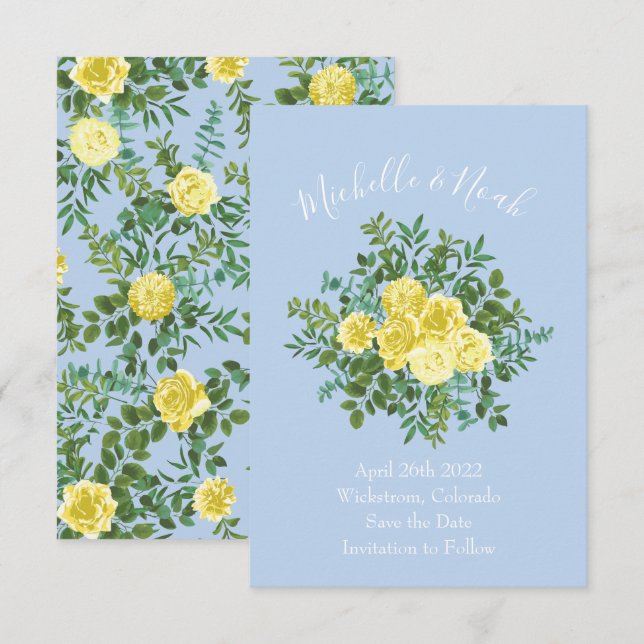 Invitation Mariage Rose jaune clair et bleu pâle Date de sauv (Devant / Derrière)