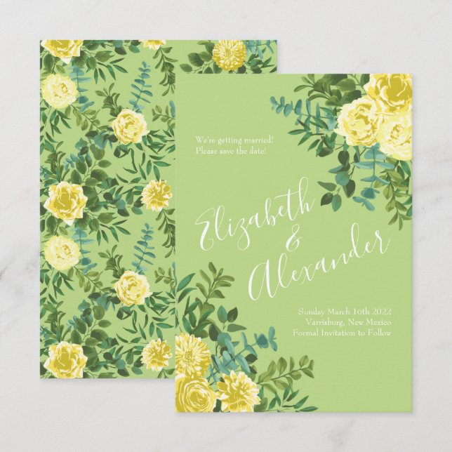 Invitation Mariage Rose jaune clair et vert pâle Date de sauv (Devant / Derrière)