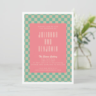 Invitation Mariage Rose Menthe à Esthétique Rétro Damier
