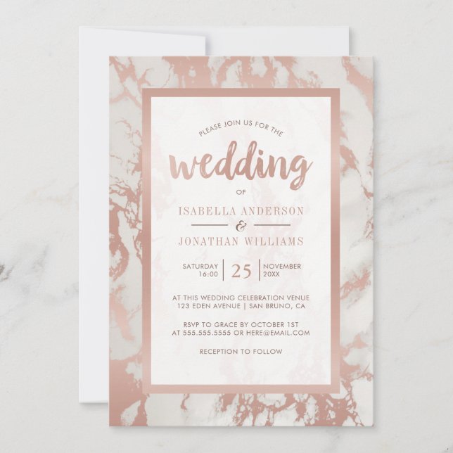 Invitation Mariage Rose moderne en marbre doré (Devant)
