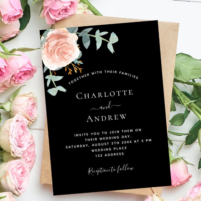 Invitation Mariage rose noir or verdure de luxe (Créateur téléchargé)