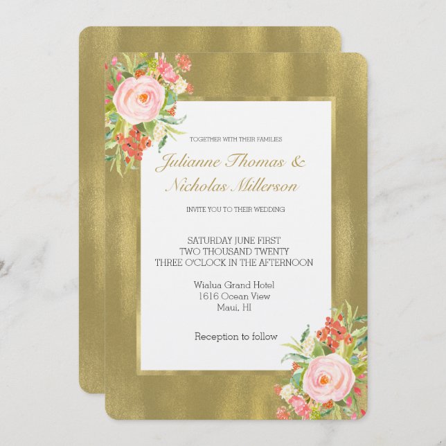 Invitation Mariage rose or (Devant / Derrière)