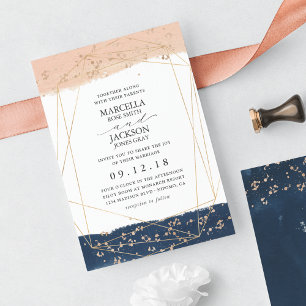 Invitation Mariage rose, or et marine