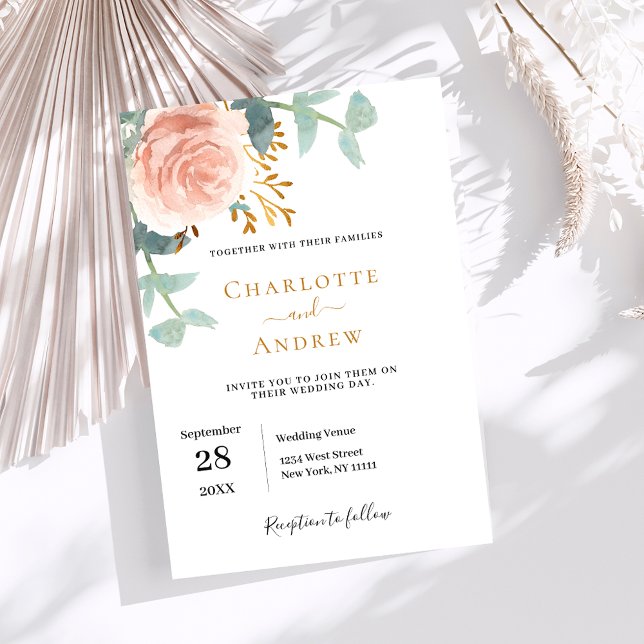 Invitation mariage rose or or aquarelle fleurie (Créateur téléchargé)