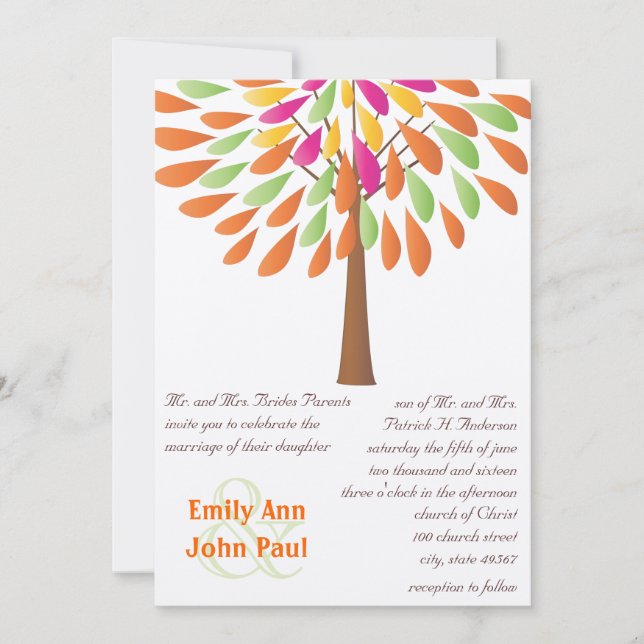 Invitation Mariage rose orange et vert moderne Fleur (Devant)