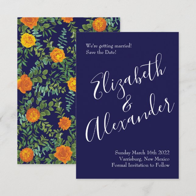 Invitation Mariage Rose Orange & Navy Blue Peony Date de sauv (Devant / Derrière)