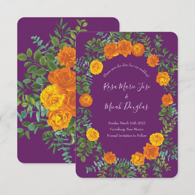 Invitation Mariage Rose Orange & Purple Plum Peony Date de sa (Devant / Derrière)