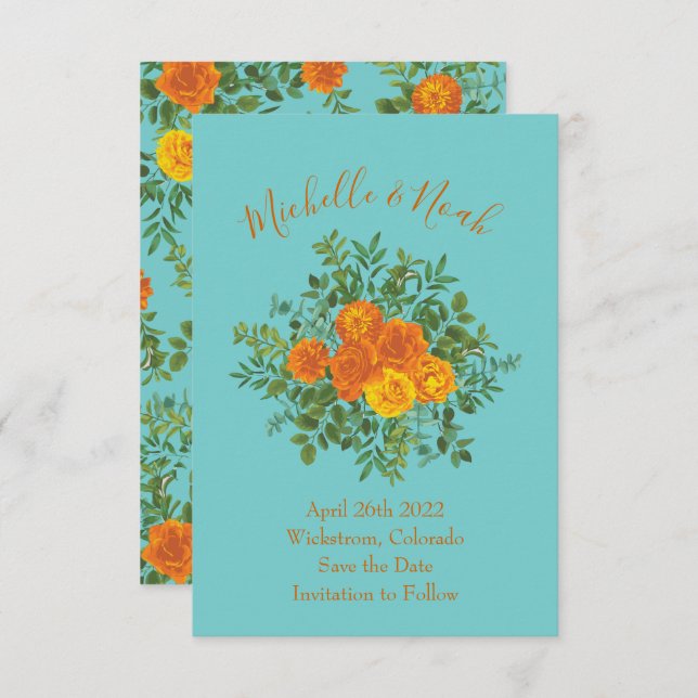 Invitation Mariage Rose Orange & Turquoise Aqua Peony Date de (Devant / Derrière)