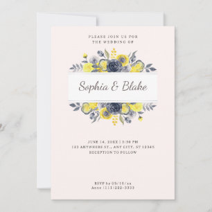 Invitation Mariage rose pâle à cadre fleuri jaune et bleu
