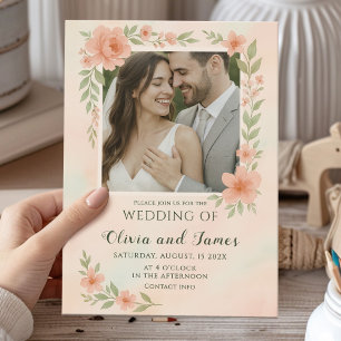Invitation Mariage rose pâle avec cadre et photo floraux