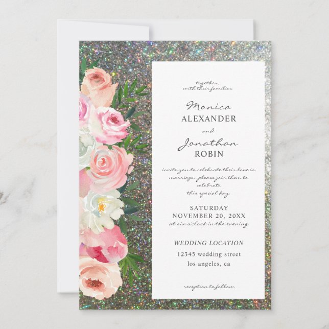 Invitation Mariage Rose Pâle & Fleurs Grises & Paillettes Arg (Devant)