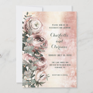 Invitation Mariage Rose Pâle Ranunculus Eucalyptus Or Rose