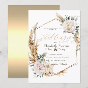 Invitation Mariage rose Pampas Grass Gold Frame