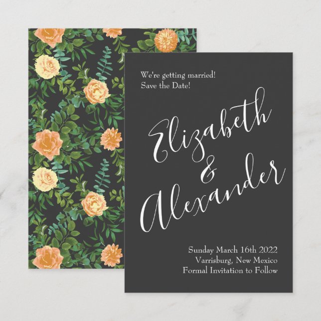 Invitation Mariage Rose Peach Charcoal Grey Peony Date de sau (Devant / Derrière)